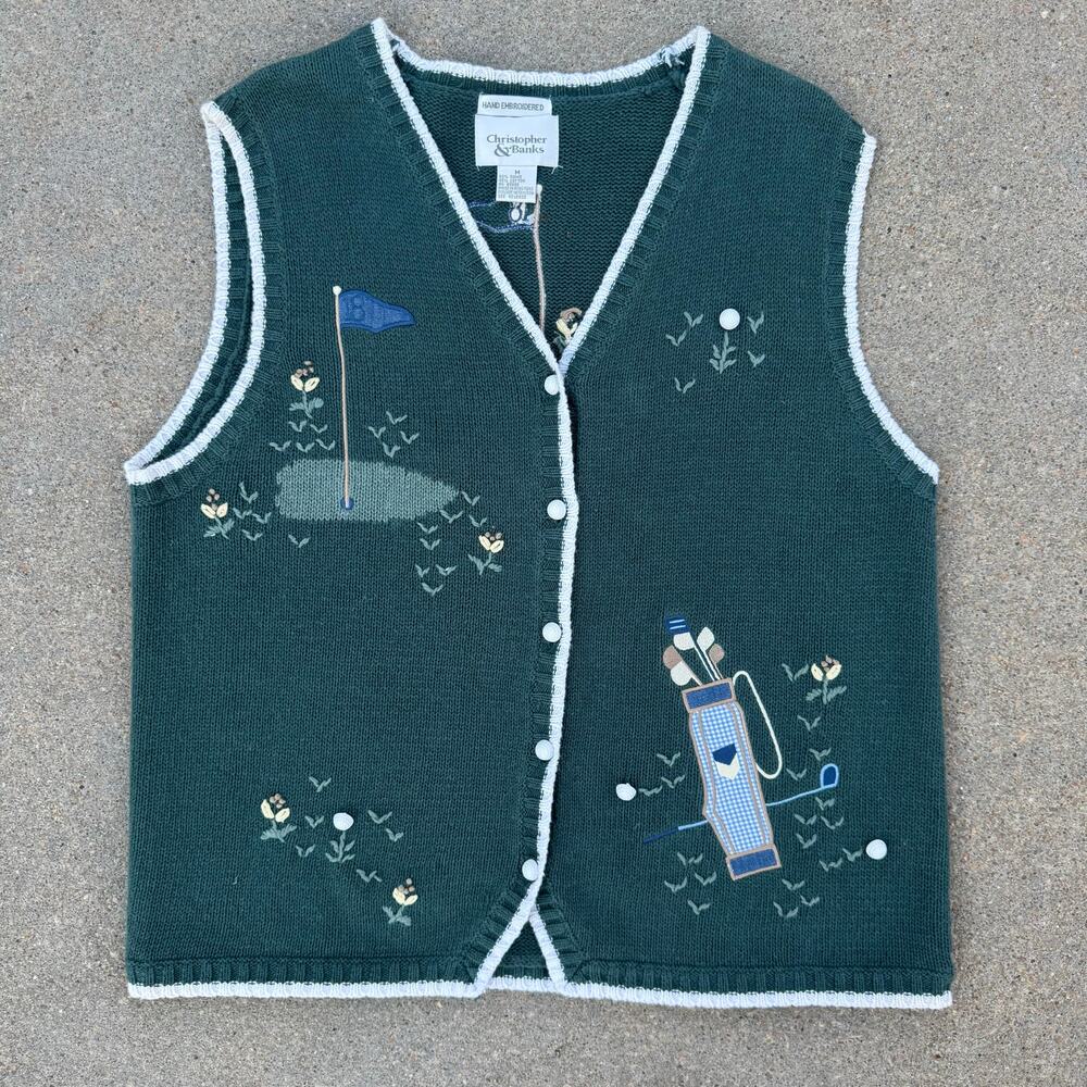 Vintage Y2K Christopher and Banks Golf Hole in One Cardigan Sweater Vest MEDIUM